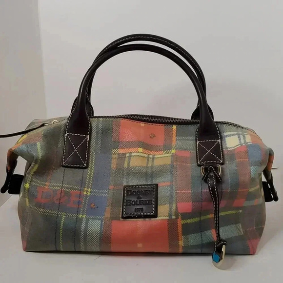 Dooney & Bourke Plaid Ladybug Duffle Multi Color Medium Vinyl 15” X 9” X 11” - Picture 1 of 16